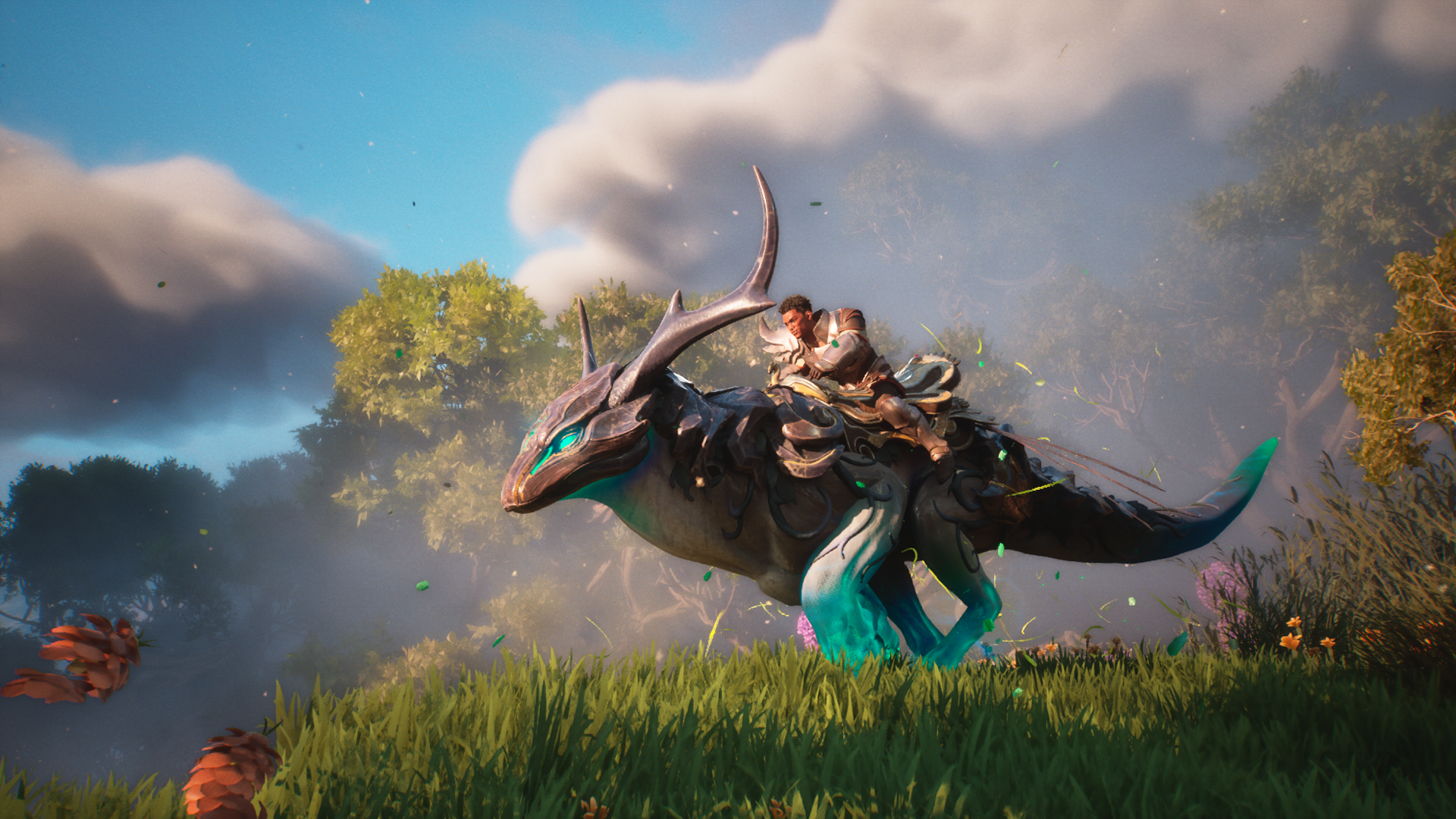 Guild Wars 3 screenshot — a Vaelwarden alongside their Seeker, the wolf-like spirit mount that links the player to the spirits of Orr