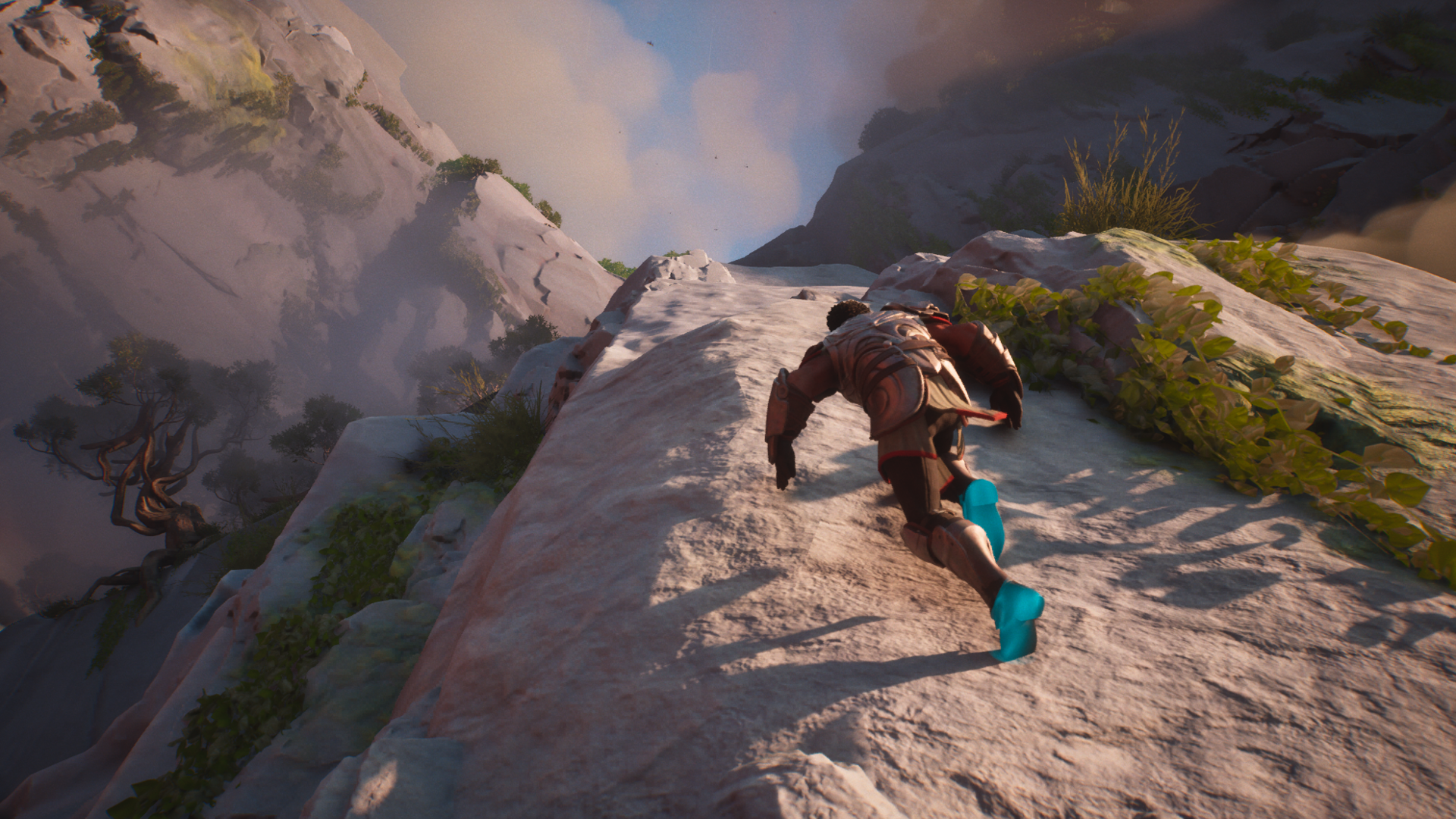 Guild Wars 3 screenshot — a Vaelwarden traversing the open world of Orr, showing the momentum-based movement ArenaNet calls joy of movement